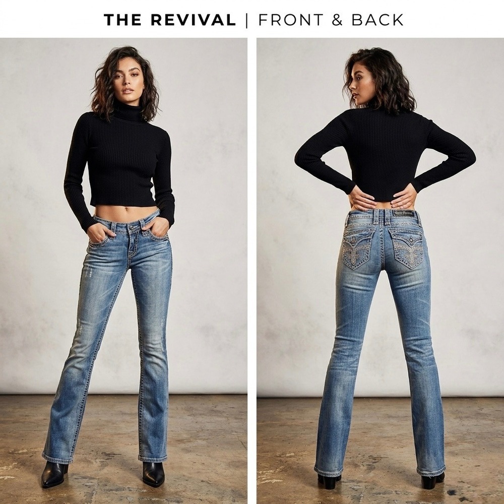 Rock Revival Patti Bootcut Jeans Blue Distressed Rhinestone Fleur De Lis‎ 28x34
